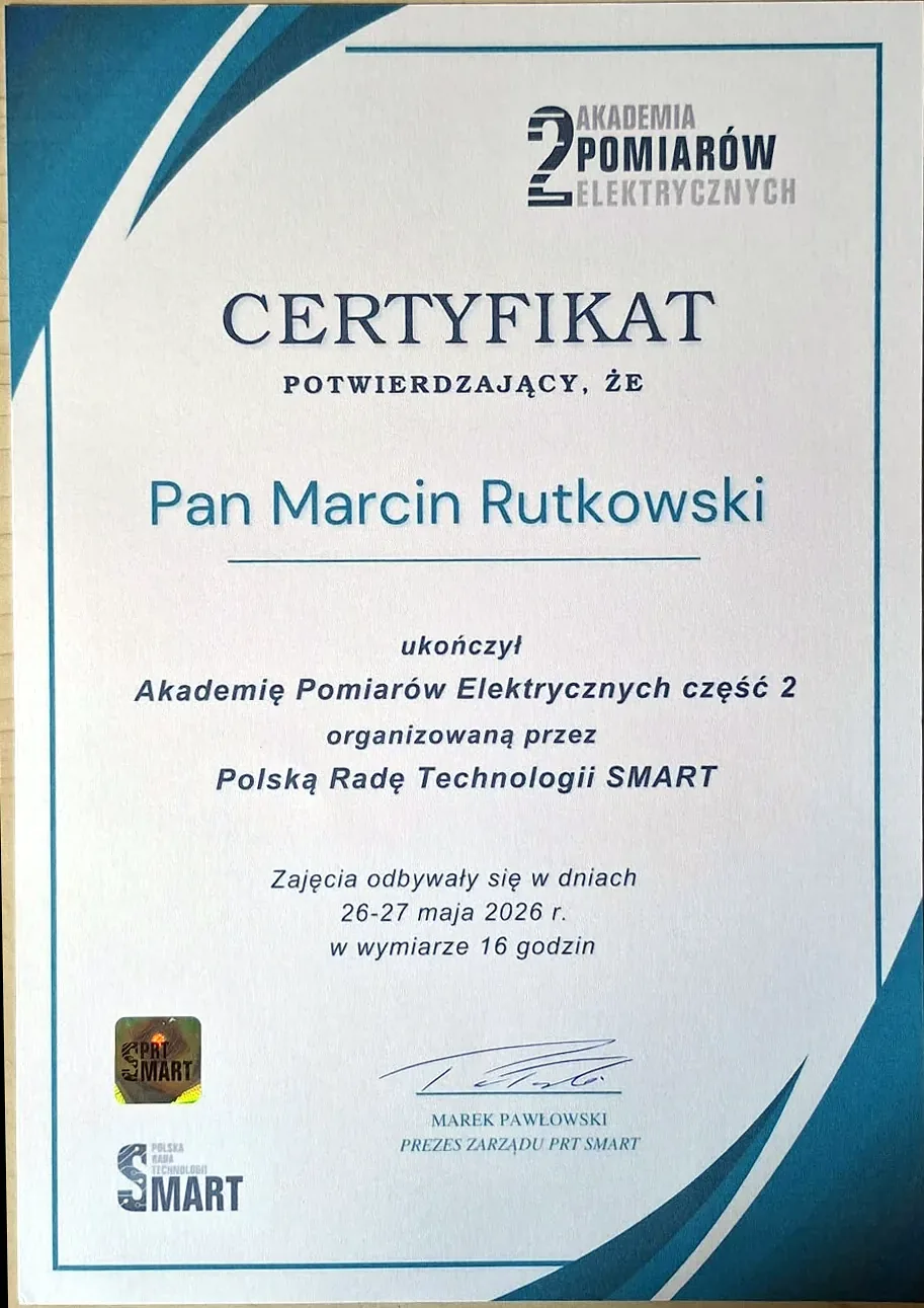 Certyfikat Akademii Pomiarów Elektrycznych część 2 – pomiary fotowoltaiki, magazynów energii i stacji ładowania, Marcin Rutkowski, maj 2026