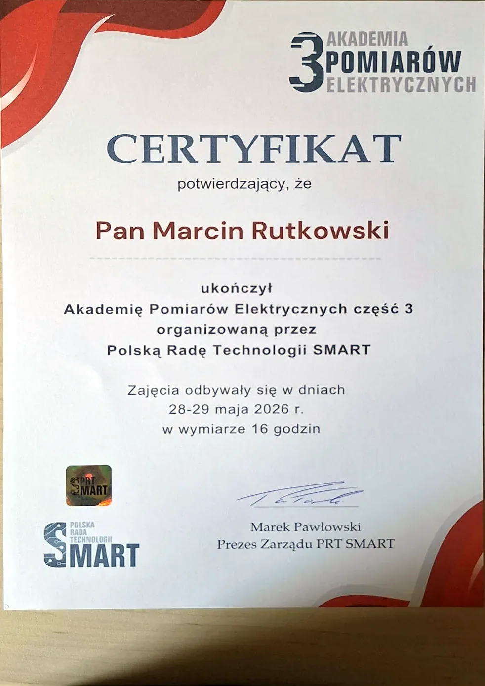Certyfikat Akademii Pomiarów Elektrycznych część 3 – pomiary maszyn i instalacji przemysłowych, Marcin Rutkowski, maj 2026