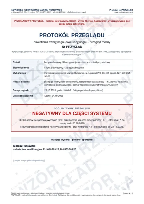Przykładowy protokół z przeglądu oświetlenia awaryjnego – strona tytułowa i wynik przeglądu