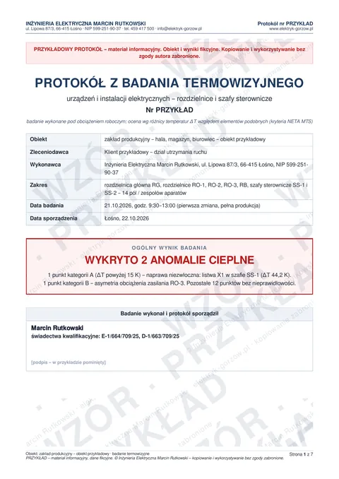 Przykładowy protokół z badania termowizyjnego – strona tytułowa i wynik badania