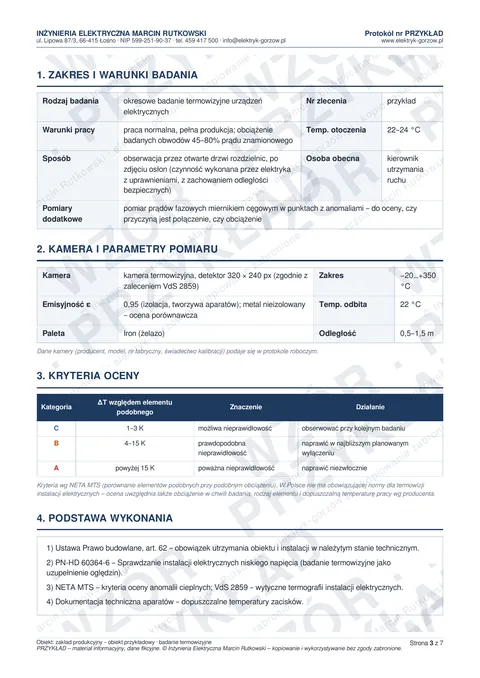 Przykładowy protokół z badania termowizyjnego – warunki badania i kryteria oceny