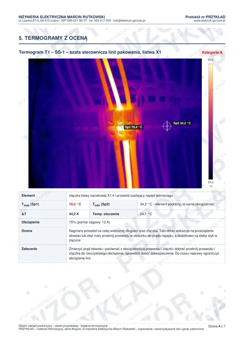 Przykładowy protokół z badania termowizyjnego – termogram z oceną – przegrzana złączka