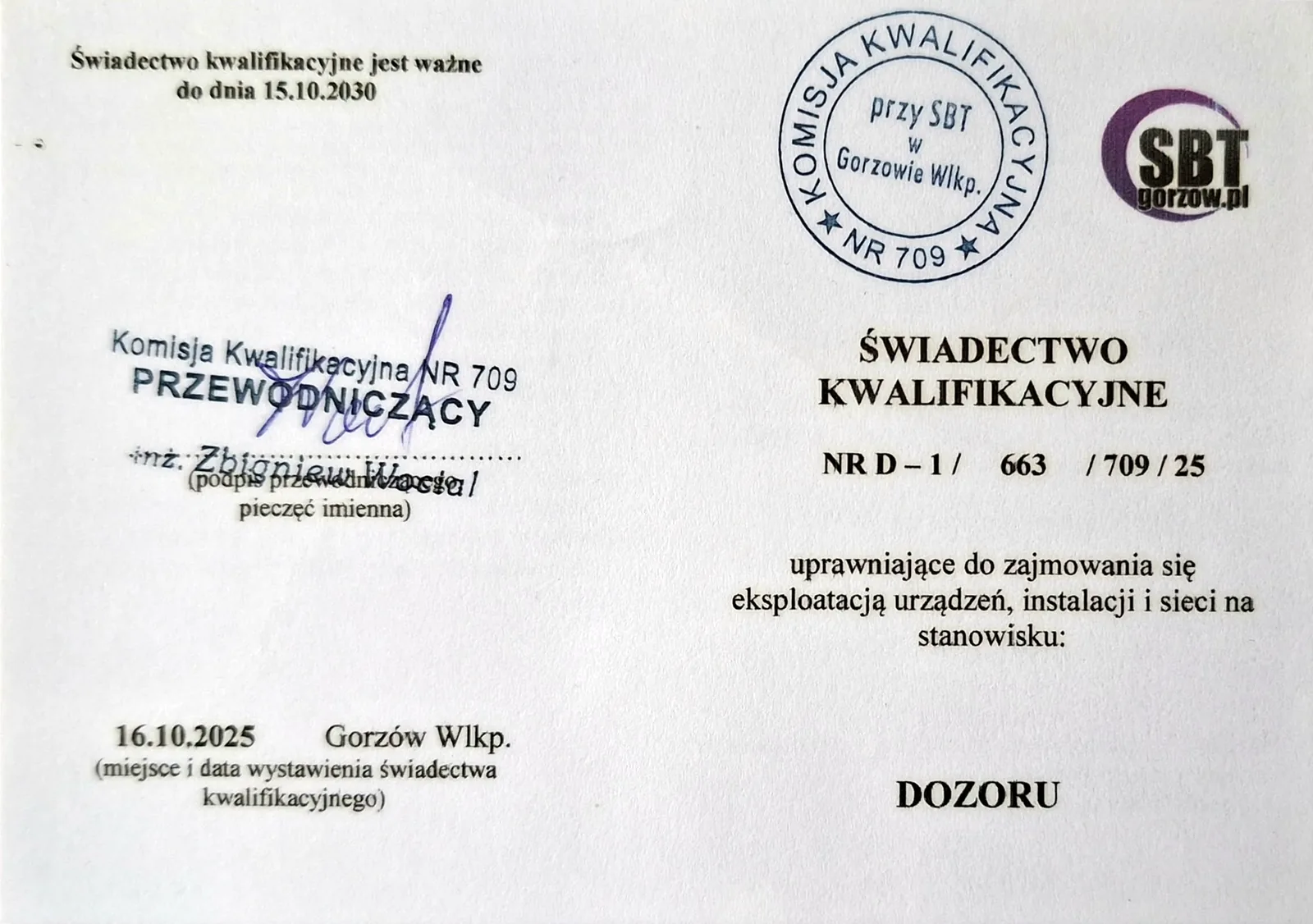 Świadectwo kwalifikacyjne SEP D nr D-1/663/709/25 – uprawnienia dozorowe elektryka Marcina Rutkowskiego, Gorzów Wielkopolski