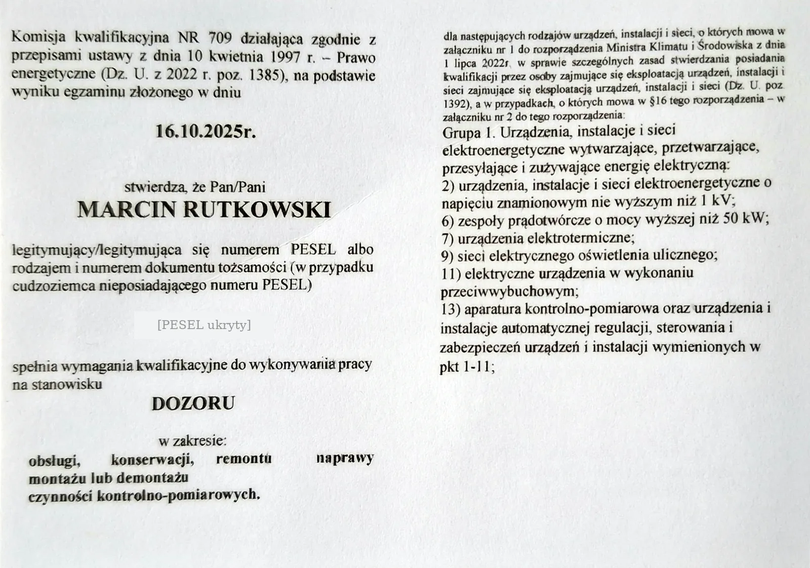 Zakres uprawnień SEP D Marcina Rutkowskiego – dozór nad eksploatacją urządzeń, instalacji i sieci elektroenergetycznych, grupa 1