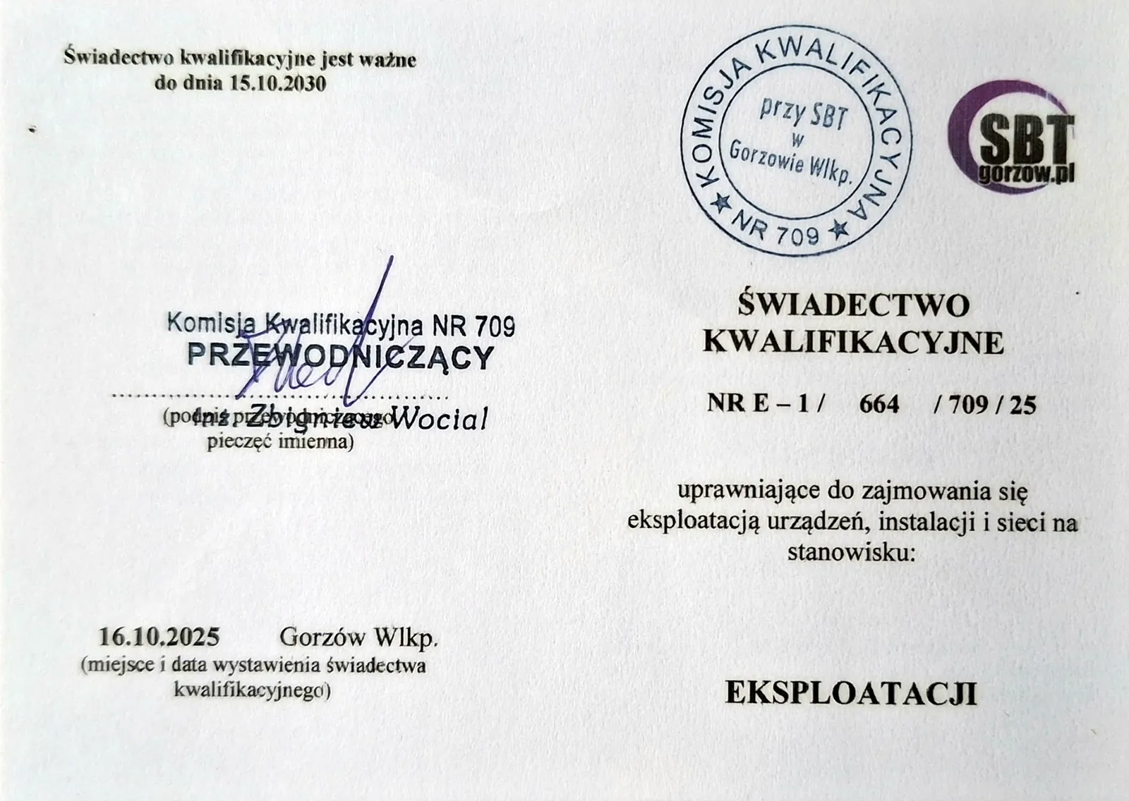 Świadectwo kwalifikacyjne SEP E nr E-1/664/709/25 – uprawnienia eksploatacyjne elektryka Marcina Rutkowskiego, Gorzów Wielkopolski