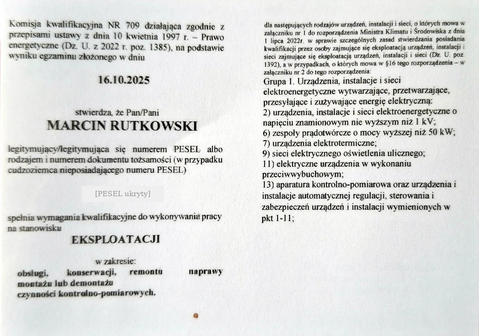 Zakres uprawnień SEP E Marcina Rutkowskiego – grupa 1, obsługa, konserwacja, remont, naprawa, montaż i prace kontrolno-pomiarowe